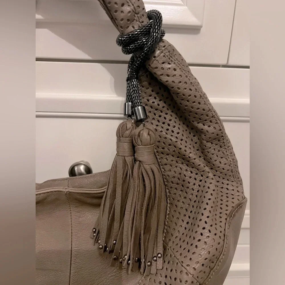 BCBG MAXAZRIA Faux Leather Grey Beige Shoulder Hobo Bag With Suede Fringe